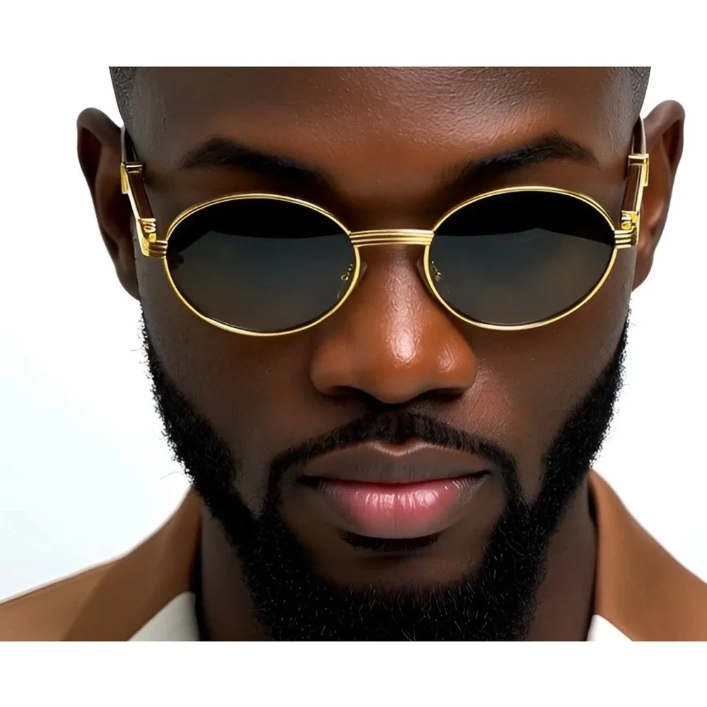 Mens Gold Round Sunglasses‎ Green Gradient Lenses Wood Accents UV400 Protection